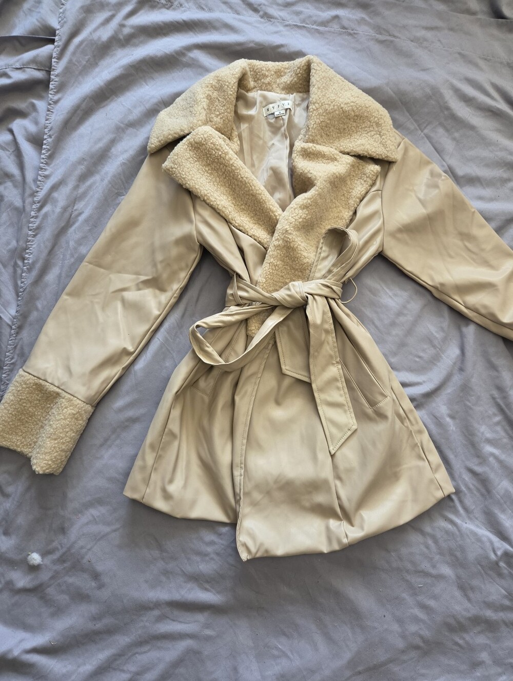 HYFVE - Faux Leather & Shearling Trim Tie-Waist Coat - Beige